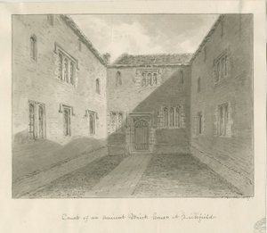 Lichfield - Old Housen sisäpiha lähellä: seepiapiirros tekijältä John Buckler