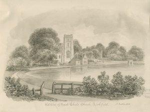 Lichfield - St. Chadin kirkko: seepiapiirros tekijältä John Buckler