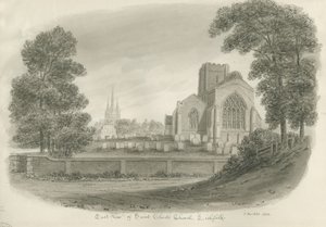 Lichfield - St. Chadin kirkko: seepiapiirros tekijältä John Buckler