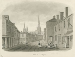 Lichfield - Katunäkymä: seepiapiirros, 1843 tekijältä John Buckler