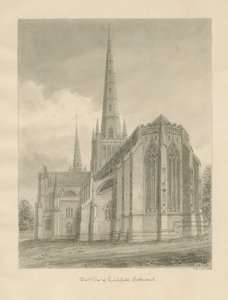 Lichfieldin katedraali - East View: seepiapiirustus, 1838 tekijältä John Buckler