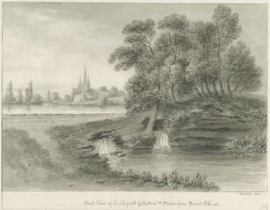 Lichfieldin katedraali - East View: seepiapiirros, 1844 tekijältä John Buckler