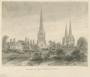 Lichfieldin katedraali - North View: seepiapiirros, 1838 tekijältä John Buckler