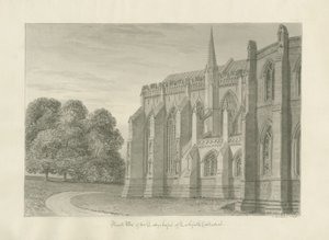 Lichfieldin katedraali - North View: seepiapiirros, 1845 tekijältä John Buckler
