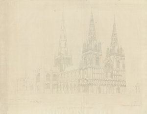 Lichfieldin katedraali - Luoteisnäkymä: etsaus, 1807 tekijältä John Buckler