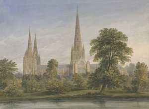 Lichfieldin katedraali – Kaakkoisnäkymä: akvarellimaalaus, nd [?1842] tekijältä John Buckler