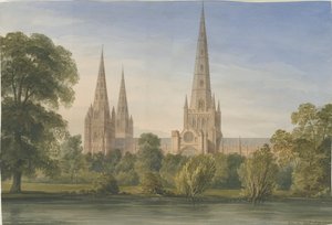 Lichfieldin katedraali - Kaakkoisnäkymä: akvarellimaalaus, 1842 tekijältä John Buckler