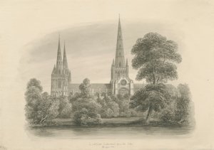 Lichfieldin katedraali - Etelänäkymä: seepiapiirros, 1841 tekijältä John Buckler