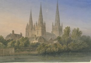 Lichfieldin katedraali - Lounaisnäkymä: akvarellimaalaus, 1839 tekijältä John Buckler