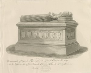 Maerin kirkko - Sir John Bowyerin ja Lady Catherinen muistomerkki: seepiapesupiirustus, 1843 tekijältä John Buckler