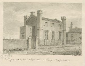 Newcastle-under-Lyme - Grammar School: seepiapesupiirustus, 1840 tekijältä John Buckler
