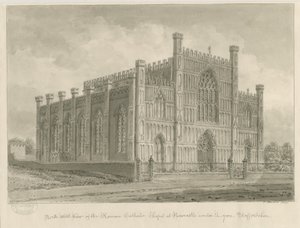 Newcastle-under-Lyme - roomalaiskatolinen kappeli: seepiapesupiirustus, 1840 tekijältä John Buckler