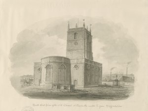 Newcastle-under-Lyme - "St. Giles the Abbot" (Vanha kirkko): seepiapesupiirros. tekijältä John Buckler