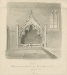 Norburyn kirkko - Ralph le Botelerin muistomerkki: seepiapesupiirustus, 1843 tekijältä John Buckler