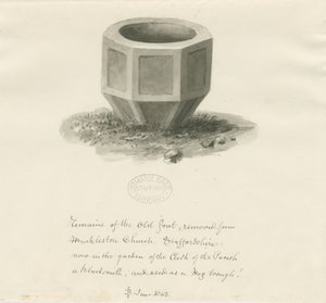 Vanha fontti Mucklestonen kirkosta: seepiapesupiirustus, kesäkuu 1843 (piirustus) tekijältä John Buckler