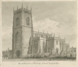 Penkridge Church: seepiapiirros, 1837 tekijältä John Buckler