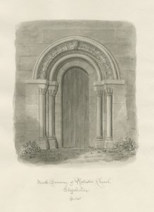 Rollestonin kirkko - North Doorway: seepiapiirros tekijältä John Buckler