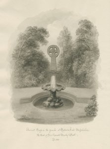 Rolleston Hall - Muinainen risti: seepiapiirros, 1848 tekijältä John Buckler