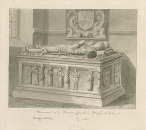 Seighford Church - William ja Mercy Bowyerin hauta: seepiapesupiirros, 1842 tekijältä John Buckler