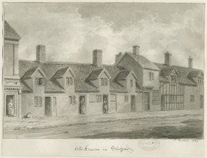 Stafford - Old Houses [Eastgate Streetillä]: seepiapiirros, 1844 tekijältä John Buckler