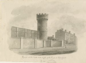 Stafford - Vankilan pyöreä torni: seepiapiirros, 1843 tekijältä John Buckler
