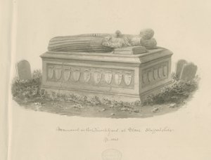 Kivikirkko - [William Cromptonin hauta]: seepiapiirros tekijältä John Buckler