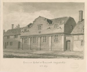 Tamworth - Grammar School: seepiapiirustus, 1838 tekijältä John Buckler