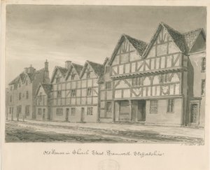 Tamworth - Old Houses in Church Street: seepiapesupiirros, 1838 tekijältä John Buckler