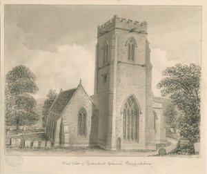 Tettenhallin kirkko: seepiapesupiirustus, 1837 tekijältä John Buckler