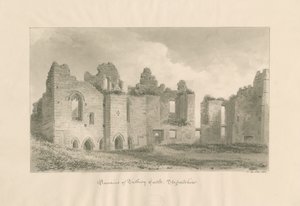 Tutbury Castle – jäännökset Inner Courtyardilta: seepiapesupiirros, 1812 tekijältä John Buckler