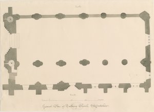 Tutbury Priory Church - Suunnitelma: lyijykynä- ja seepiapiirustus, nd [?1812] (piirustus) tekijältä John Buckler
