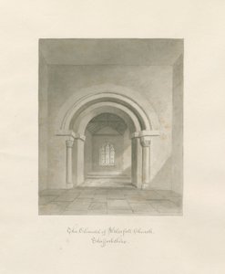 Vesiputouskirkko - Chancelin sisätilat: seepiapiirros, 1847 tekijältä John Buckler