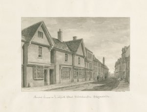 Wolverhampton - Muinaiset talot Lichfield Streetillä: seepiapiirros tekijältä John Buckler