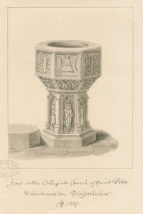 Wolverhampton - Fontti Pyhän Pietarin kirkossa: seepiapiirros, 1837 tekijältä John Buckler