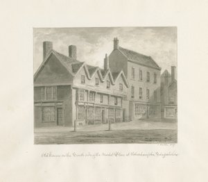 Wolverhampton - Vanhat talot Market Placen eteläpuolella: seepiapiirros, 1847 tekijältä John Buckler