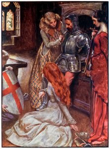 Pyhiinvaeltajien aseistettu kristitty etenee tästä maailmasta tulevaan. John Bunyan (1628-1688) Kuvitus Byam Shaw (1872-1919), kristitty palatsin asevarastossa Kaunis b tekijältä John Byam Liston Shaw