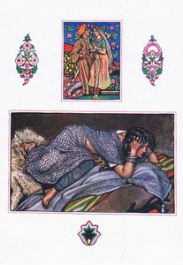 Hylättyjen mustalaisten laulu: Hillside Camp, kuvitus Kaman puutarhasta (ja muita sanoituksia Intiasta), 1920 tekijältä John Byam Liston Shaw