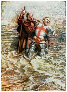Hopeful auttaa Christiania ylittämään joen pyhiinvaeltajat ylittävät joen pyhiinvaeltajat ylittävät pyhiinvaeltajat tästä maailmasta, siihen, mikä on tulossa. John Bunyan (1628-1688) Kuvitus Byam Shaw (1872-1919) tekijältä John Byam Liston Shaw