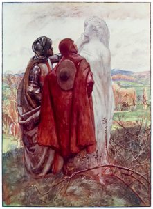 Paljon vaimoa elokuvasta Pilgrims Progress From This World, To That What Is To Come. John Bunyan (1628-1688) Kuvitus Byam Shaw (1872-1919), Christian ja Hopeful löytävät viereen suolapatsaan tekijältä John Byam Liston Shaw
