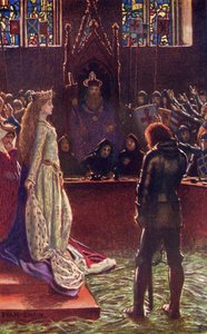 Sir Lanvalin Lady vetoaa tuomareihin, kuvitus A. R. Hope Moncrieffin teoksesta "Romance and Legend of Chivalry"