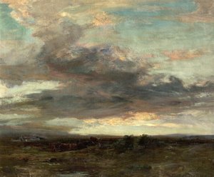 Argyllshire Moor, Skotlanti, auringonlasku, 1907 tekijältä John Campbell Mitchell