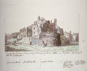 Bastioni Lontoon muurin kulmassa, St Giles ilman Cripplegaten kirkkomaata, Lontoon kaupunki, 1779