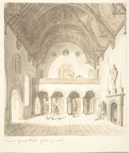 Lean linna, Worcestershire, näkymä suuressa salissa, katse länteen, n. 1816.