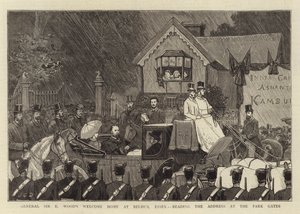 Kenraali Sir E Woodin Tervetuloa kotiin Belhusissa Essexissä lukemassa puhetta Park Gatesissa tekijältä John Charles Dollman