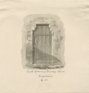 Armitagen kirkko - North Doorway: seepiapiirros, 1823 tekijältä John Chessell Buckler