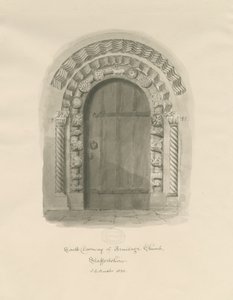 Armitagen kirkko - South Doorway: seepiapiirros tekijältä John Chessell Buckler