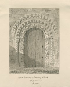 Armitagen kirkko - South Doorway: seepiapiirros, 1823 tekijältä John Chessell Buckler