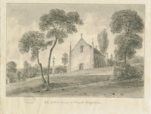Cresswell - Draycott-in-the-Moorsin katolinen kappeli: seepiapiirustus, 1841 tekijältä John Chessell Buckler