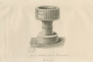 Fontti Checkley Churchissa: seepiapiirros, 1841 tekijältä John Chessell Buckler