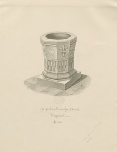 Fontti Penkridge Churchissa: seepiapiirros, 1841 tekijältä John Chessell Buckler